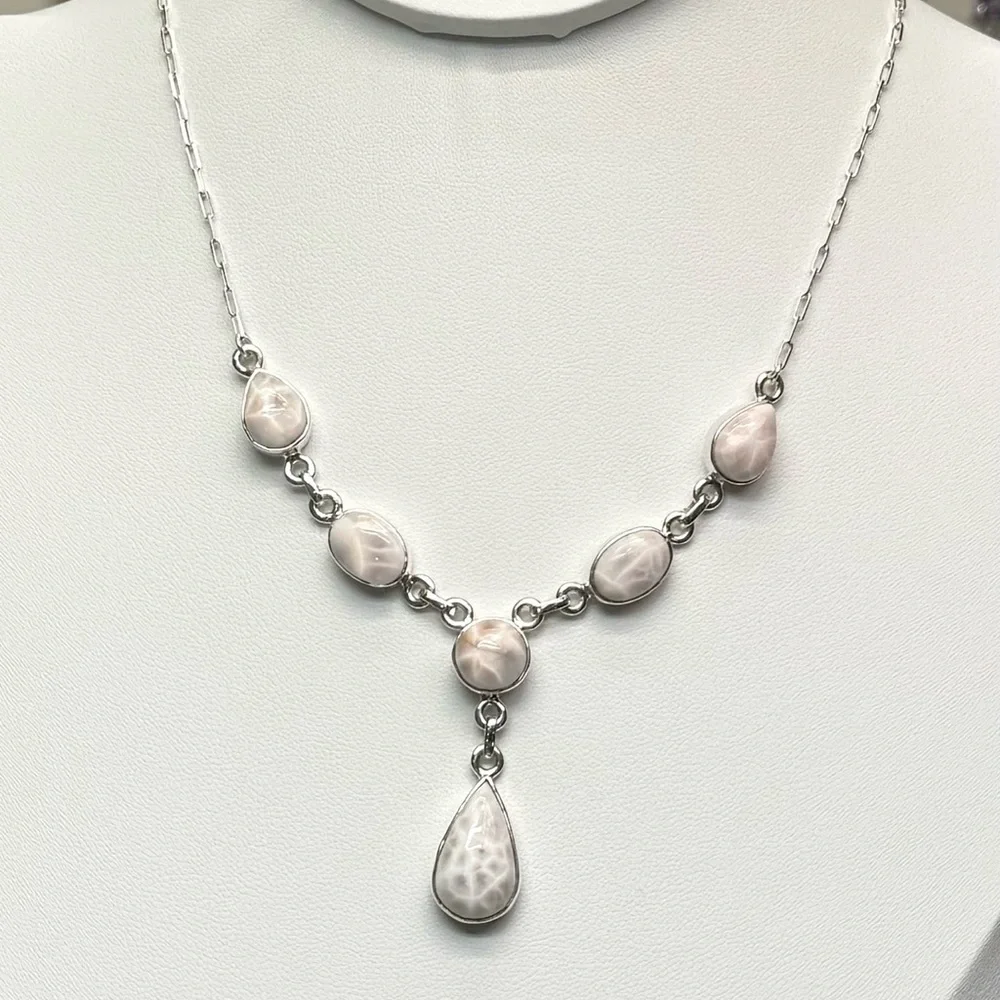 NLP1 Genuine Pink Larimar (Natrolite) Lariat Necklace Paperclip Necklace S925 - Picture 5 of 9